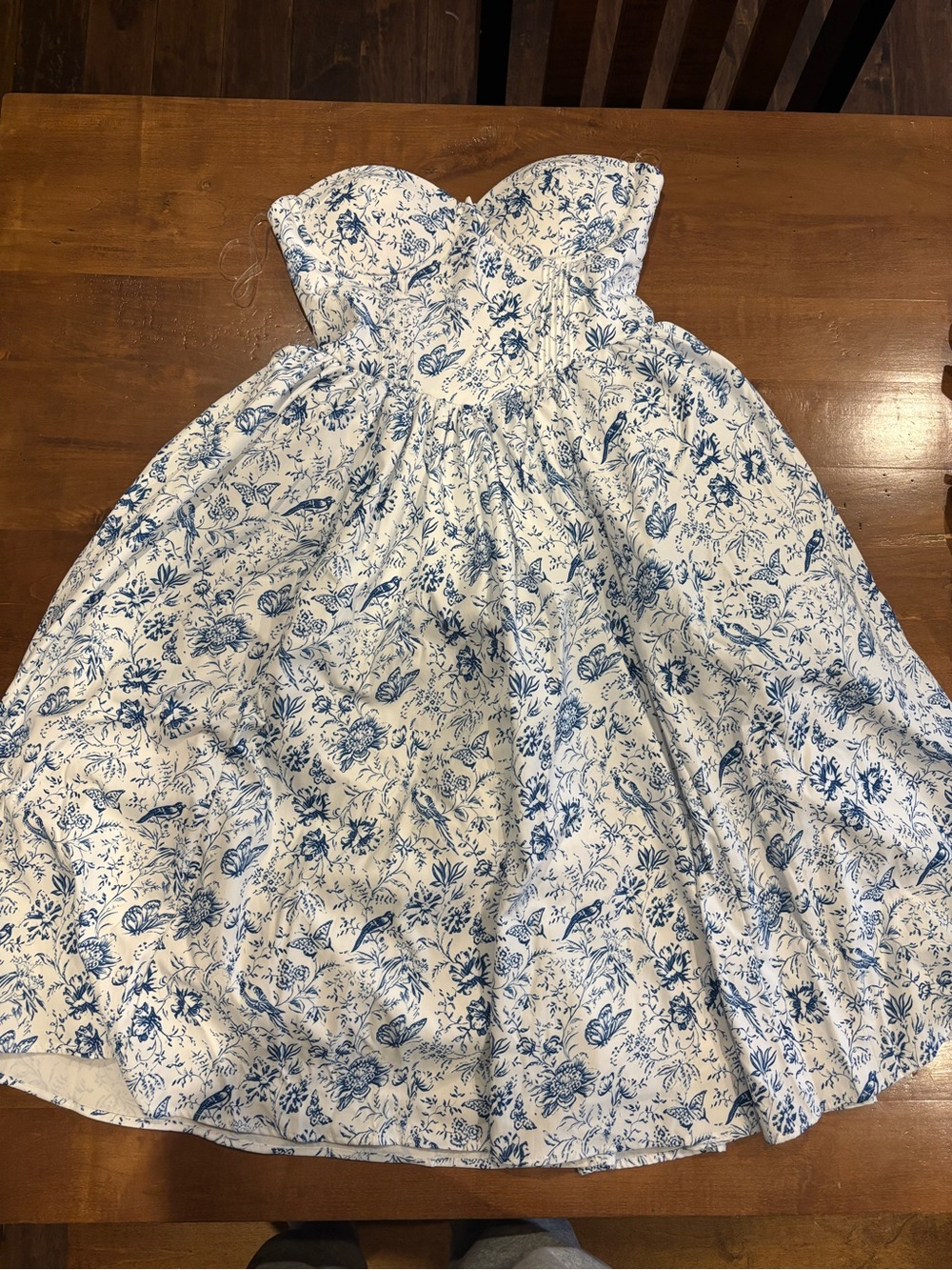 Strapless White Dress with Blue Floral Print